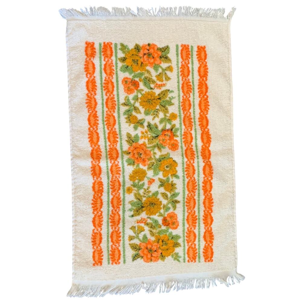 Vtg Cannon 70s Floral Bath Hand Dish Towel Orange Green Yellow Fringe Cotton 3